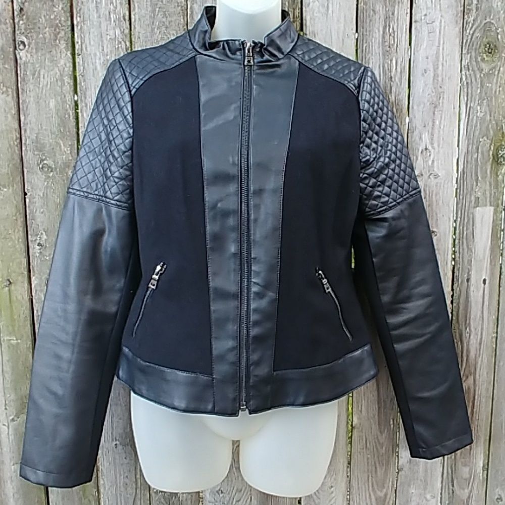 Black Wool & Vinyl Quilted Cafe Motorcycle Jacket - Picture 1 of 4